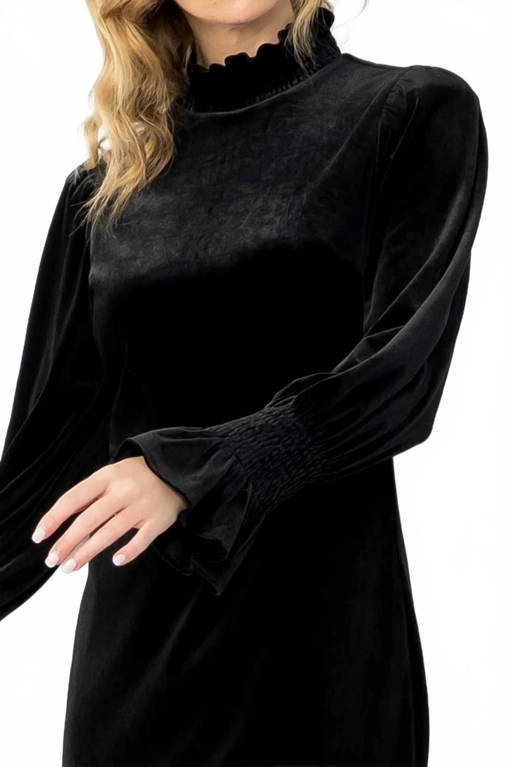 Mock Neck Velvet Dress In Black