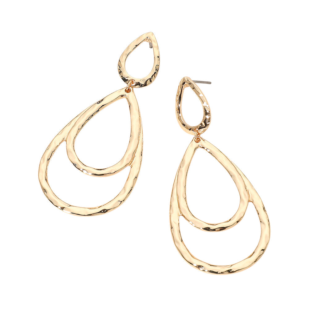 Hammered Metal Layerd Double Open Teardrop Earrings