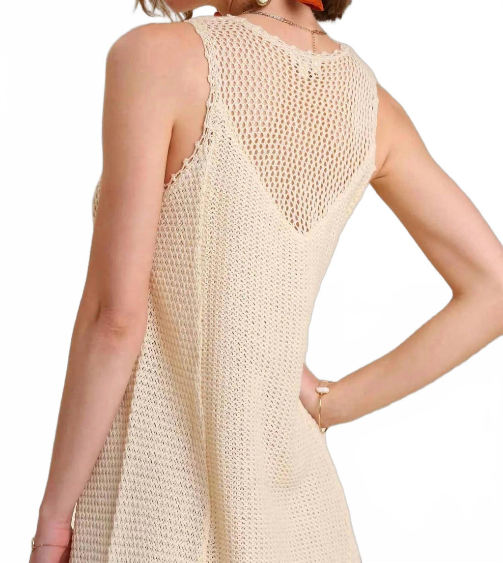 Crochet Collar Fringe Hem Cover-Up Dress In Natural