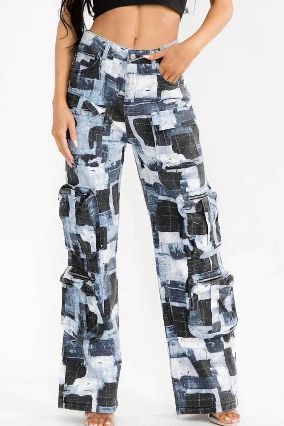 Mosaic Muse Patchwork Print Wide Leg Cargo Jeans In Blue