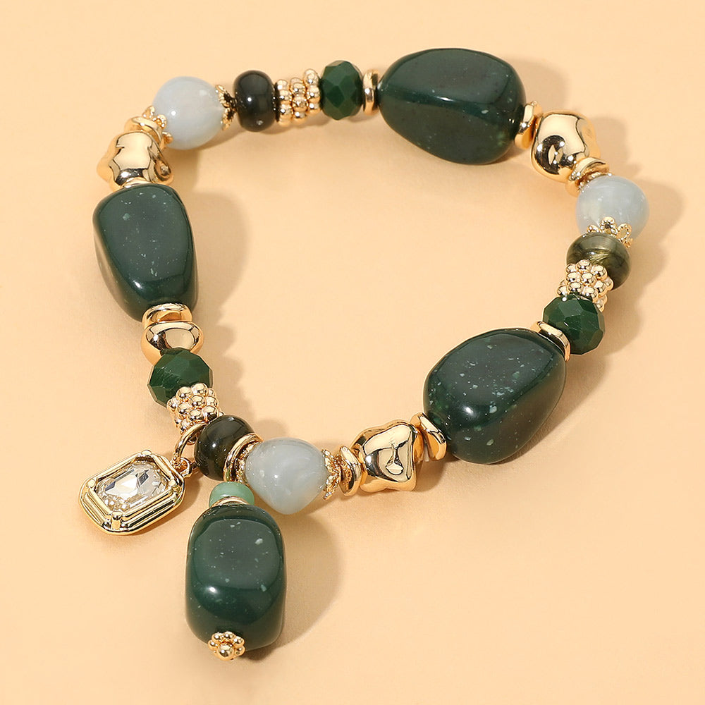 Faceted Stone Charm Beaded Stretch Bracelet