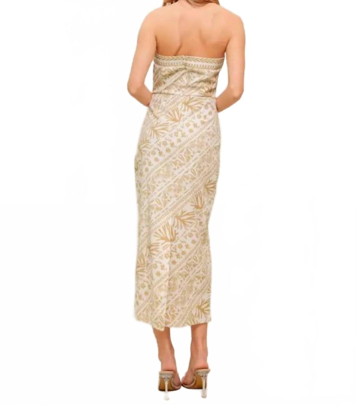 Printed Woven Midi Dress In Beige