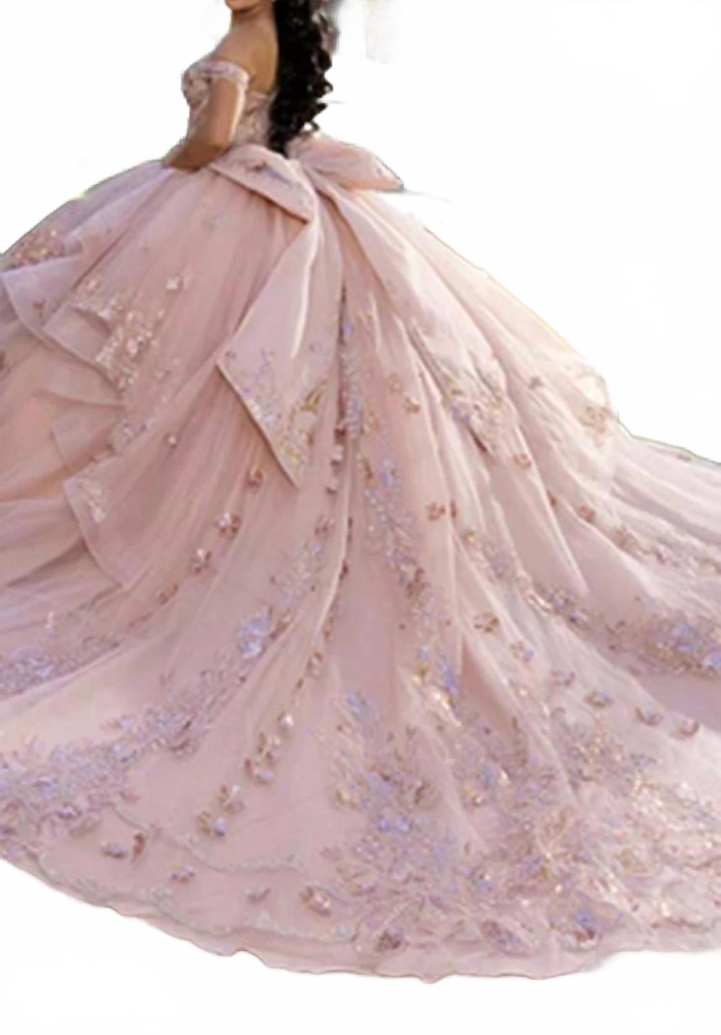 Layered Lace Off Shoulder Gown In Rosegold