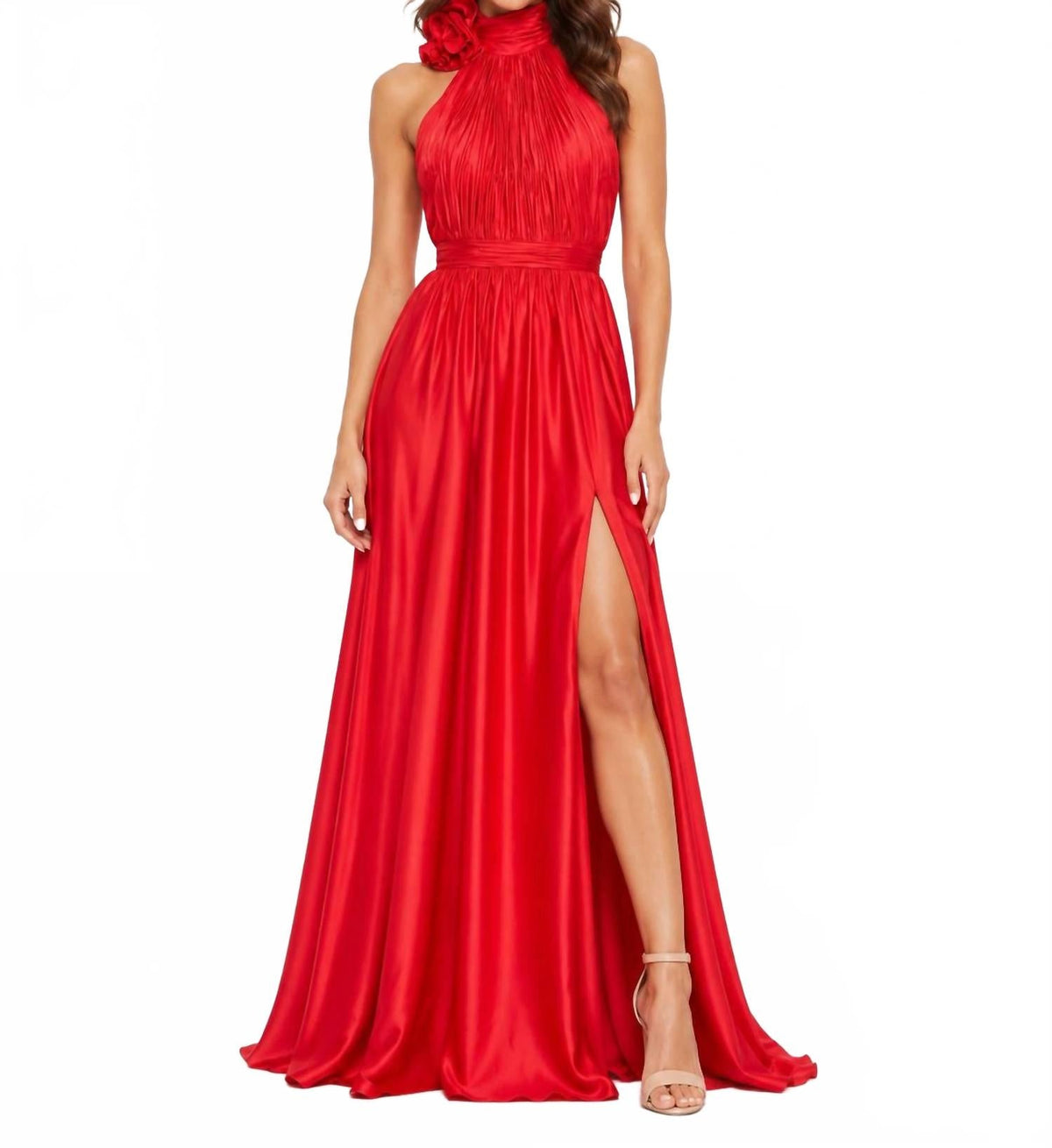 Soft Tie Halter Neck Gown In Cherry