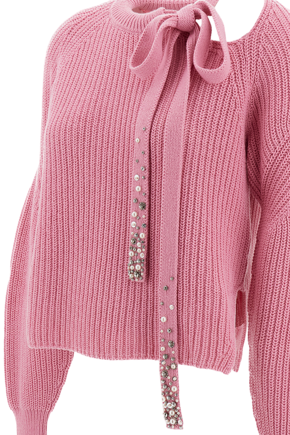 Pink Cropped Pearl Crystal Wool-Cashmere Sweater
