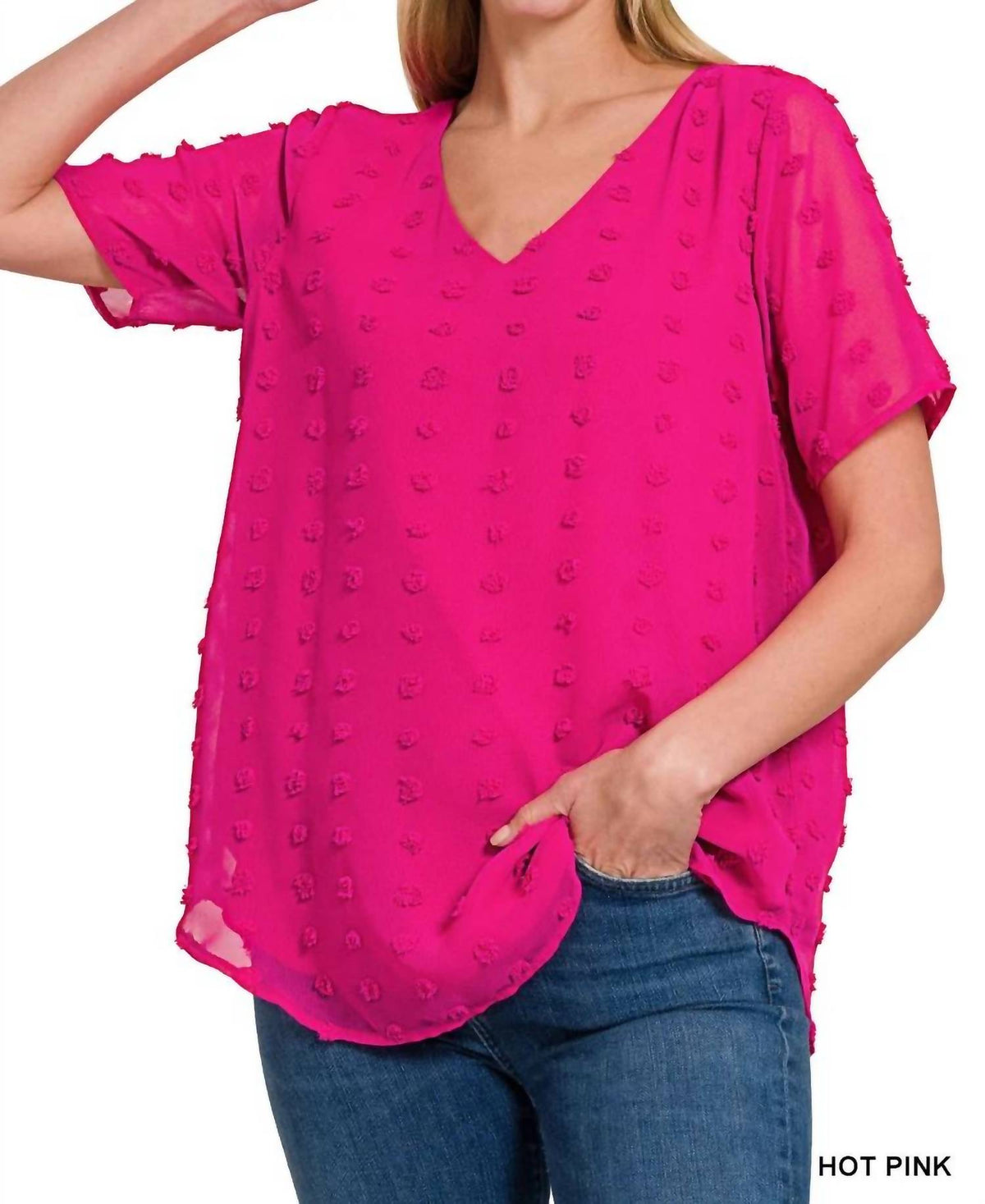 Swiss Dot V-Neck Top In Hot Pink