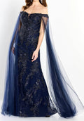 Beaded Off Shoulder Evening Gown In Navy