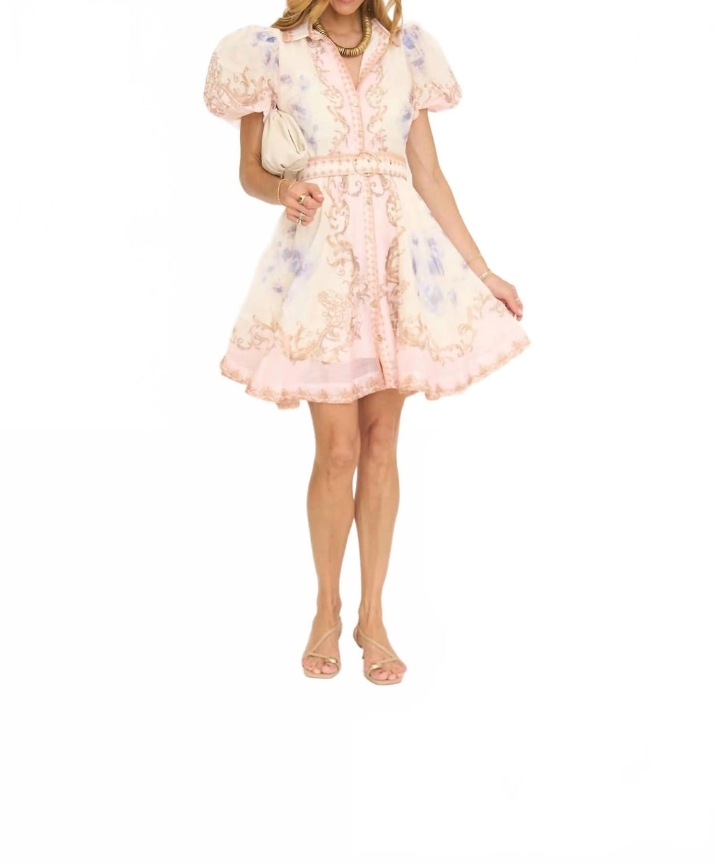 Short Sleeve Button Down Belted Mini Dress In Baby Pink