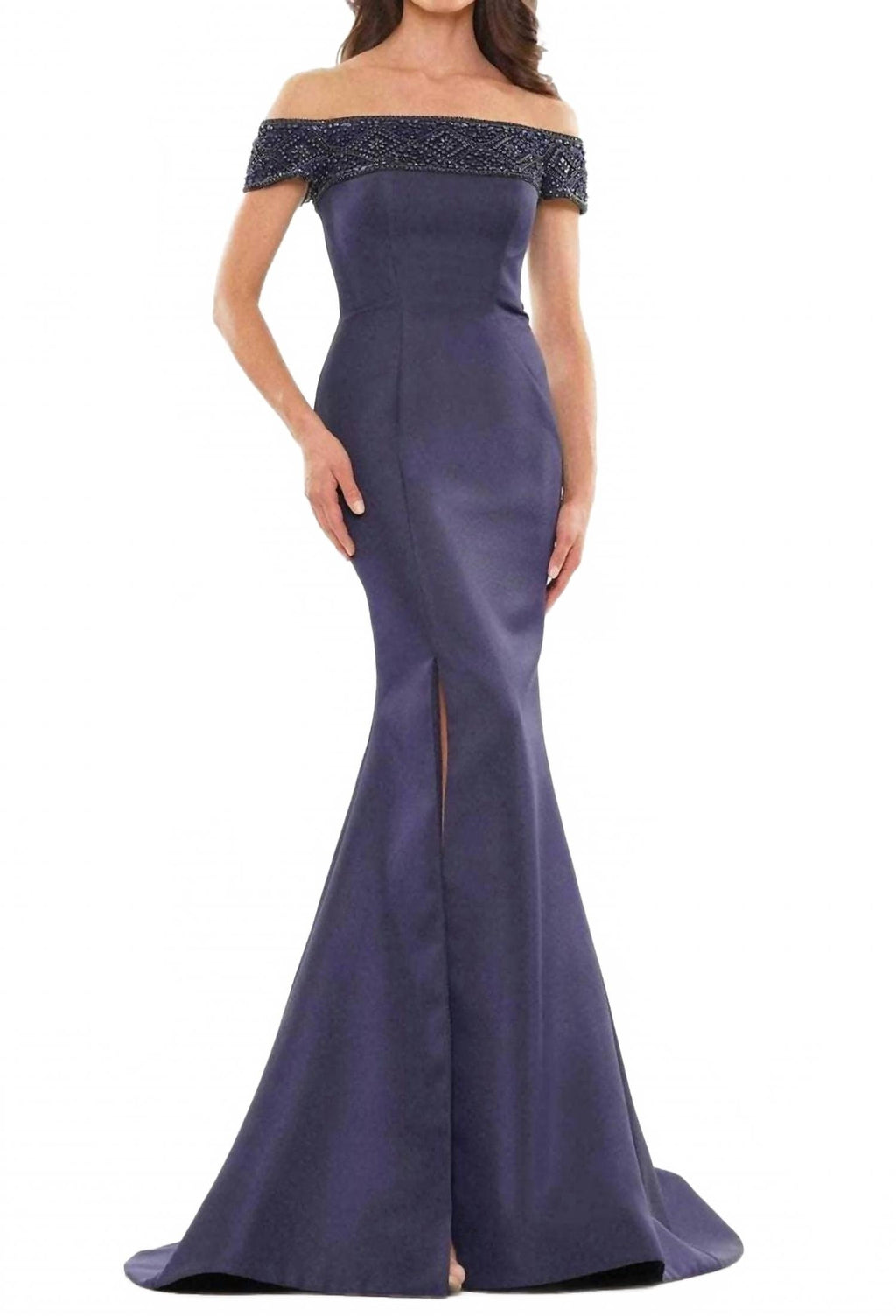 Beaded Off Shoulder Maxi Dress In Navy