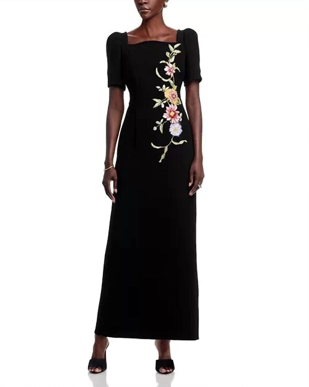 Floral Appliqué Crepe Gown In Black