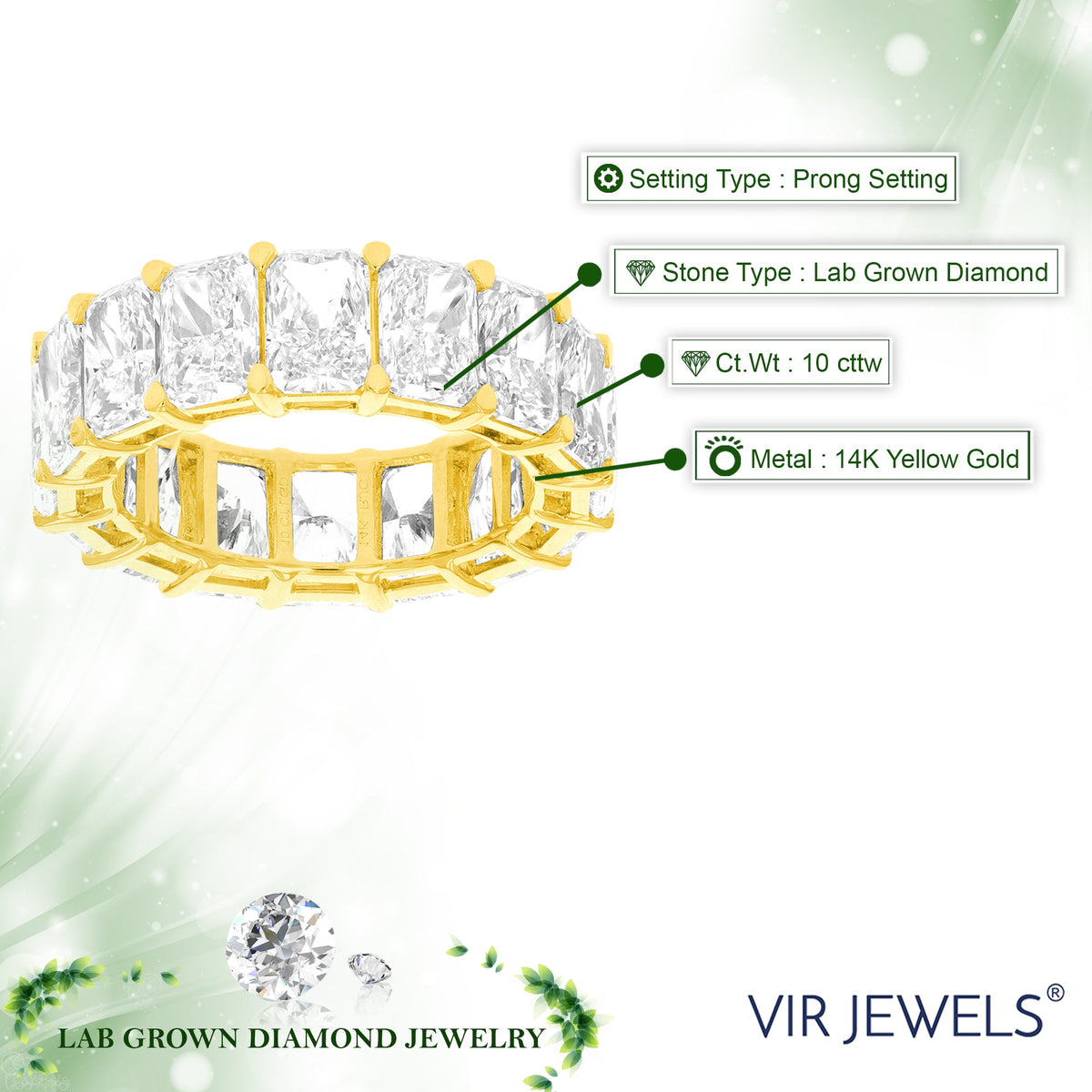 10 cttw Radiant Lab Grown Diamond Eternity Ring Wedding Band in 14K Yellow Gold For Women