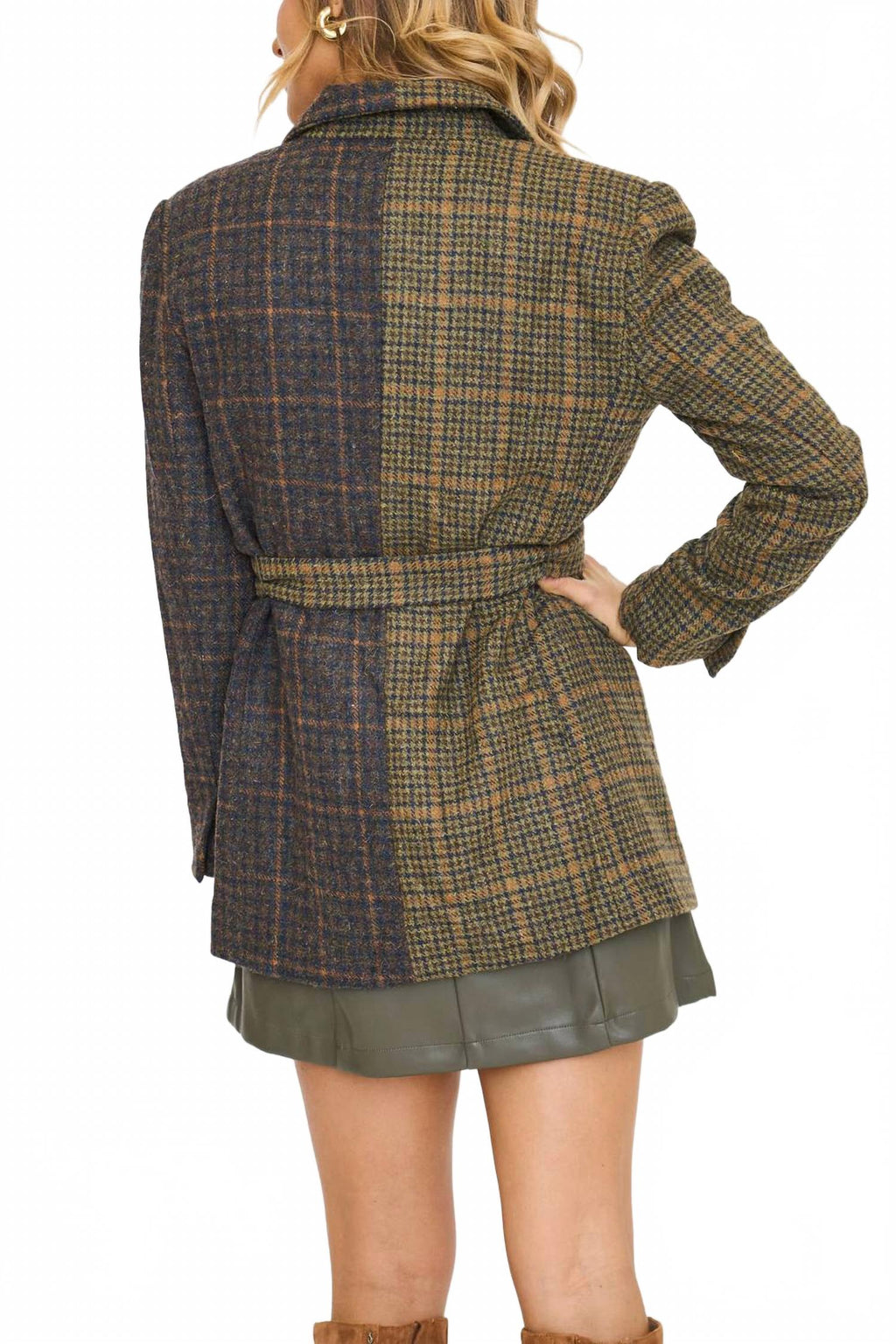 Mixed Plaid Belted Blazer In Brown/ Black