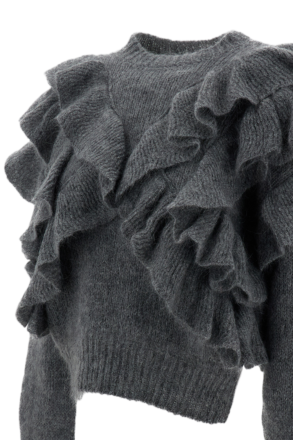 Grey Ruffled Wool-Mohair Cropped Sweater