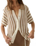 Striped Crochet Knit Button-Up Shirt In Taupe