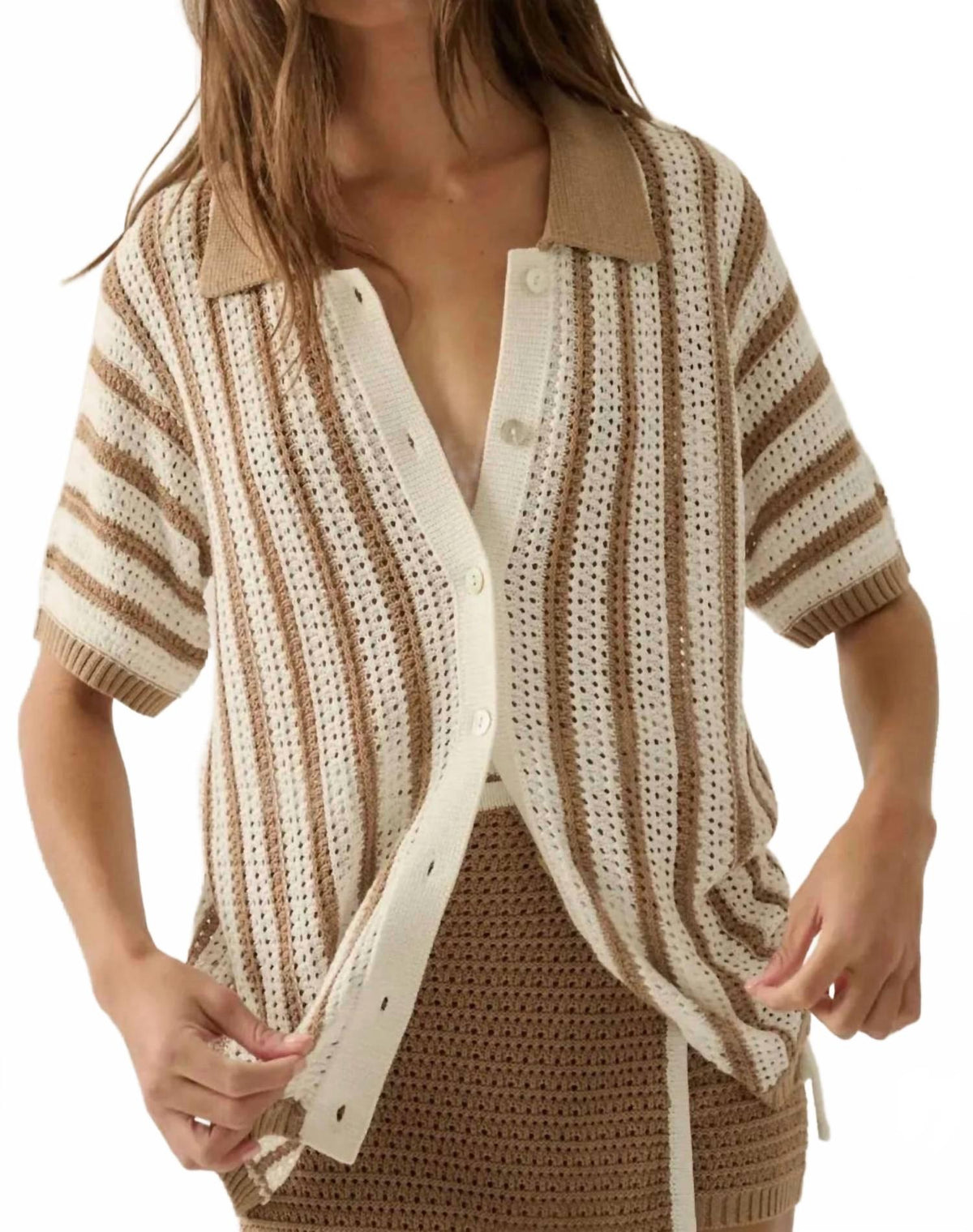 Striped Crochet Knit Button-Up Shirt In Taupe