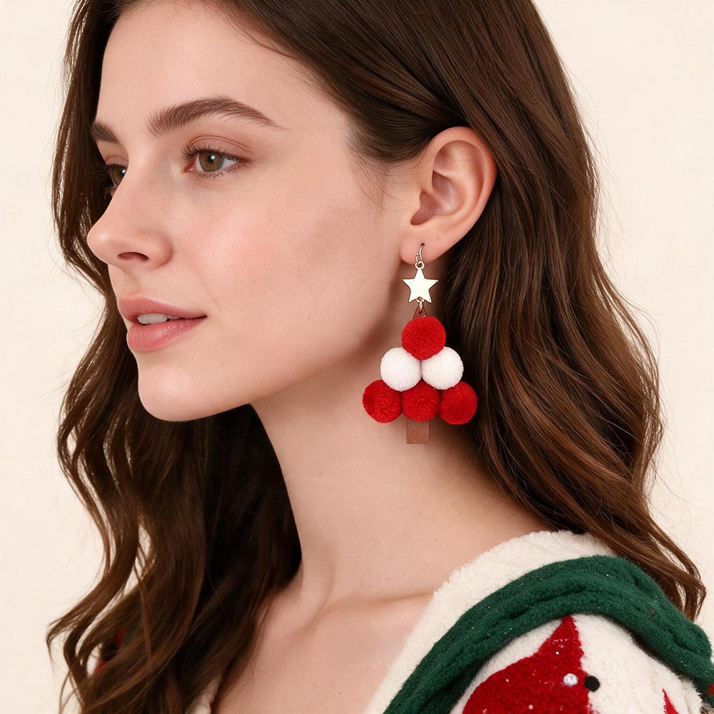Pom Pom Christmas Tree Dangle Earrings