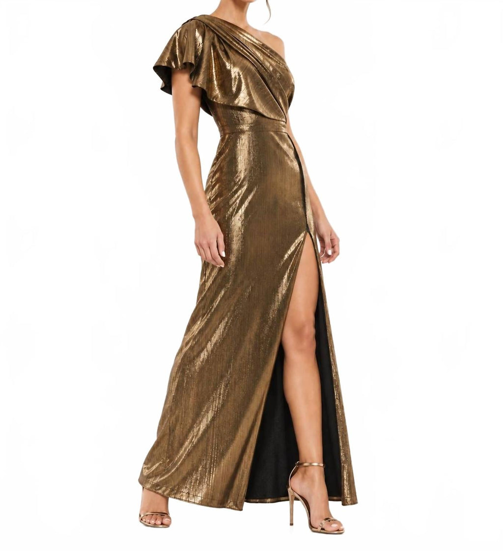 One Shoulder Shimmer Slit Gown In Copper