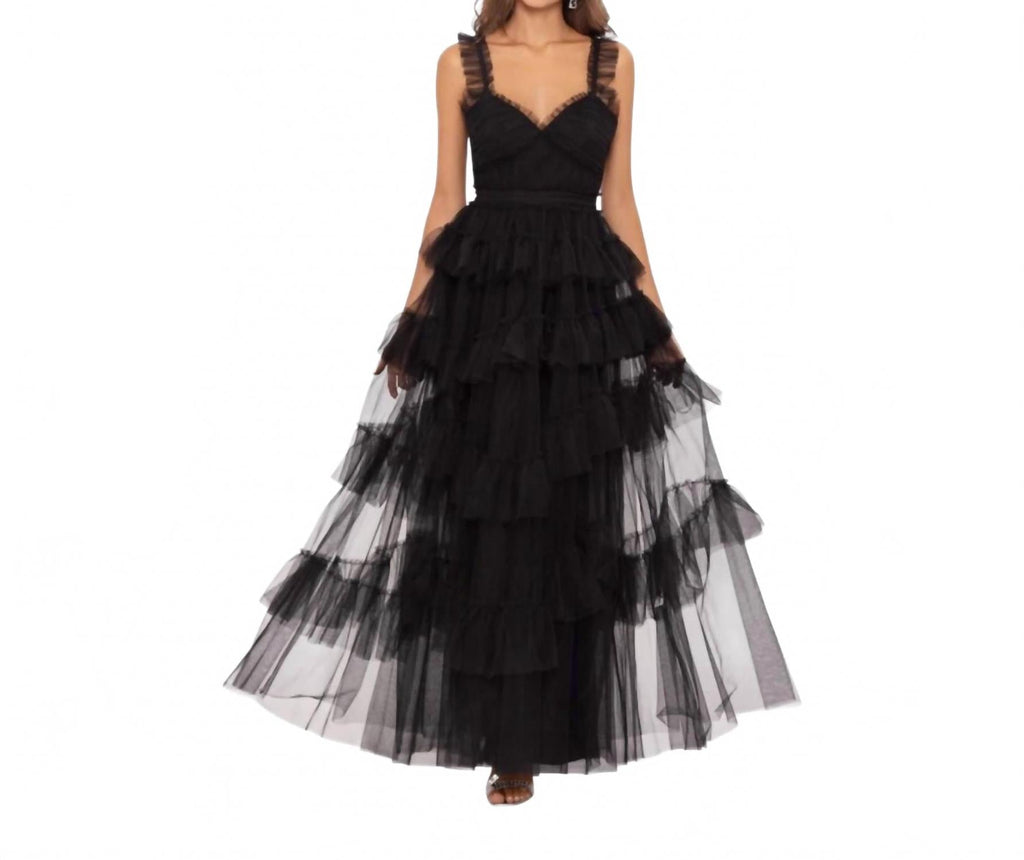 Women's Gigi Long Ruffle Mesh Dress In Black