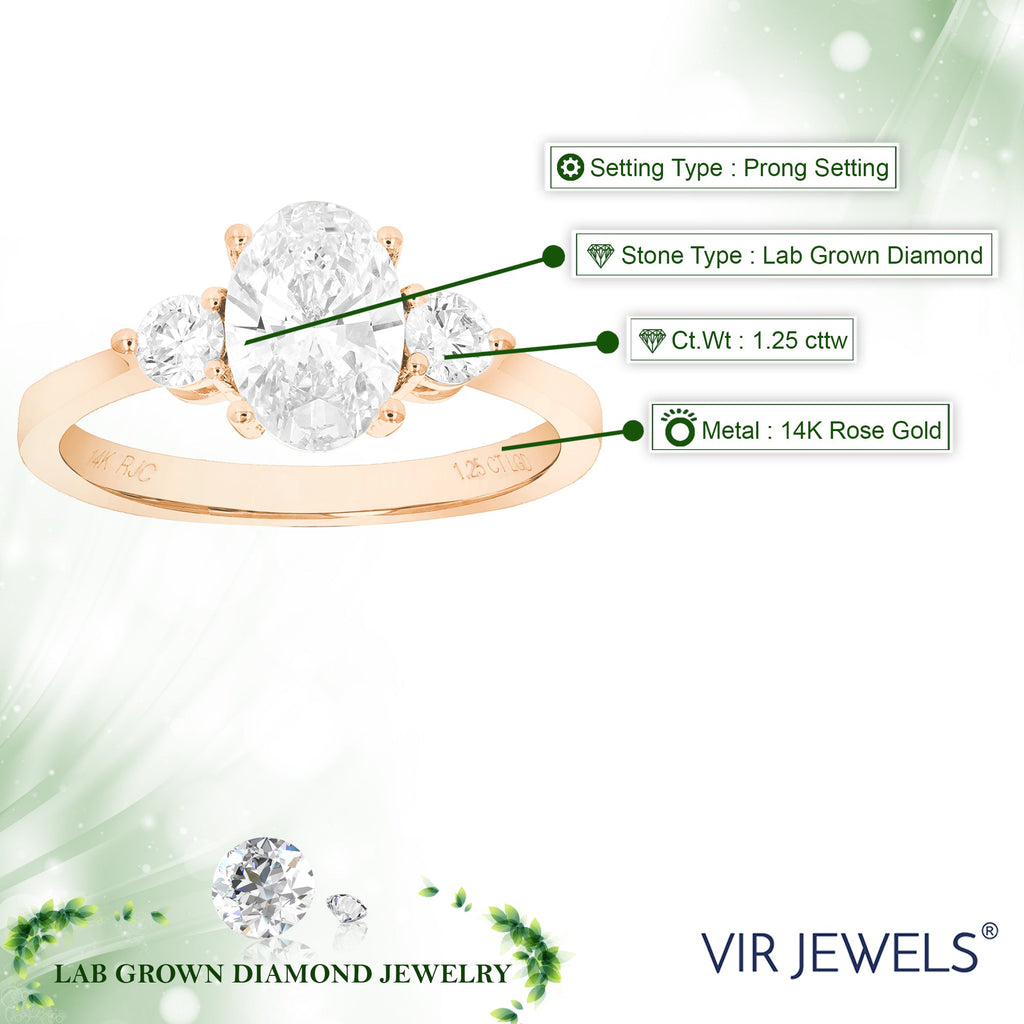 1.25 cttw Oval Lab Grown Diamond 3 Stone Engagement Ring in 14K Rose Gold For Women