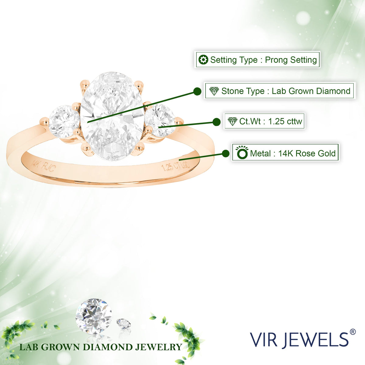 1.25 cttw Oval Lab Grown Diamond 3 Stone Engagement Ring in 14K Rose Gold For Women