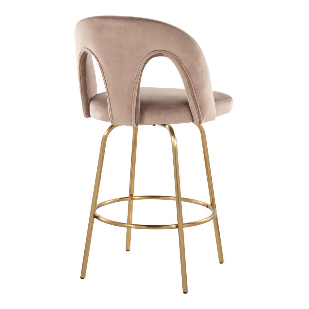 Set of 2 Contemporary Counter Stools with Velvet Upholstery and Circular Footrests