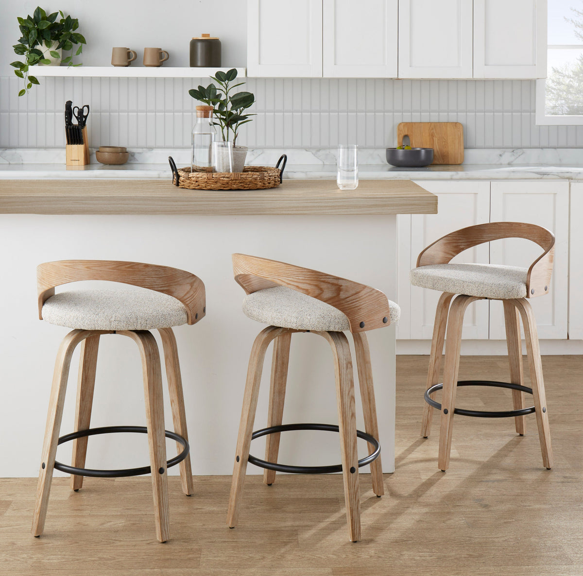 Wooden Frame Swivel Chairs with Metal Footrests