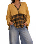 Waffle Knit Plaid Peplum Henley Tunic In Mustard