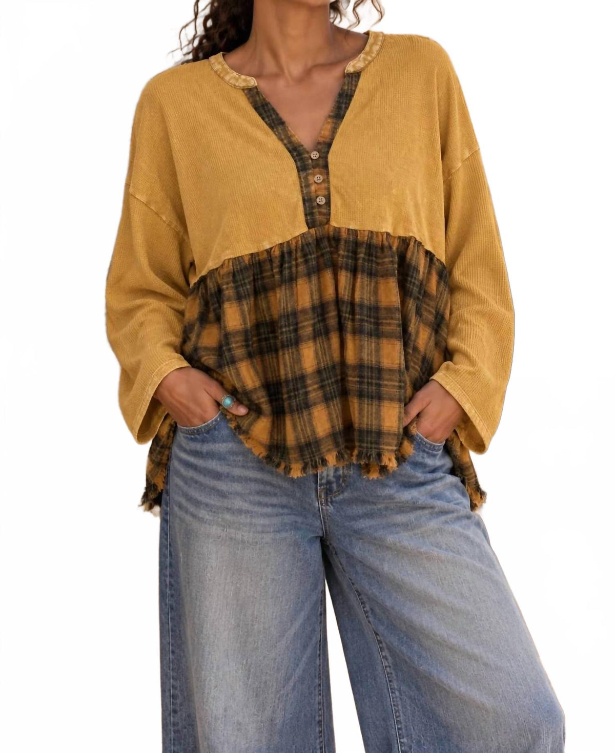 Waffle Knit Plaid Peplum Henley Tunic In Mustard