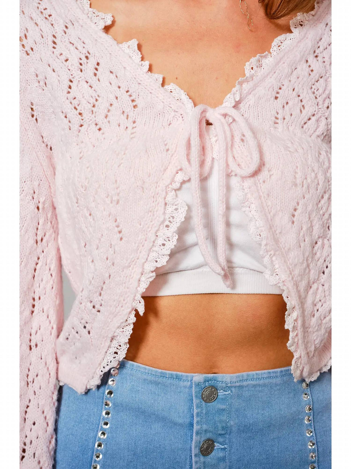 Open Knit Tie Front Shrug In Pink