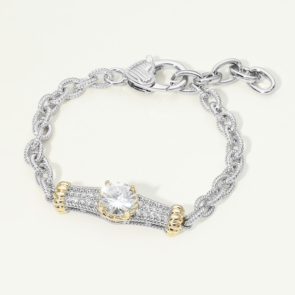 14K Gold Plated Two Tone Round CZ Stone Center Bar Accent Chain Bracelet