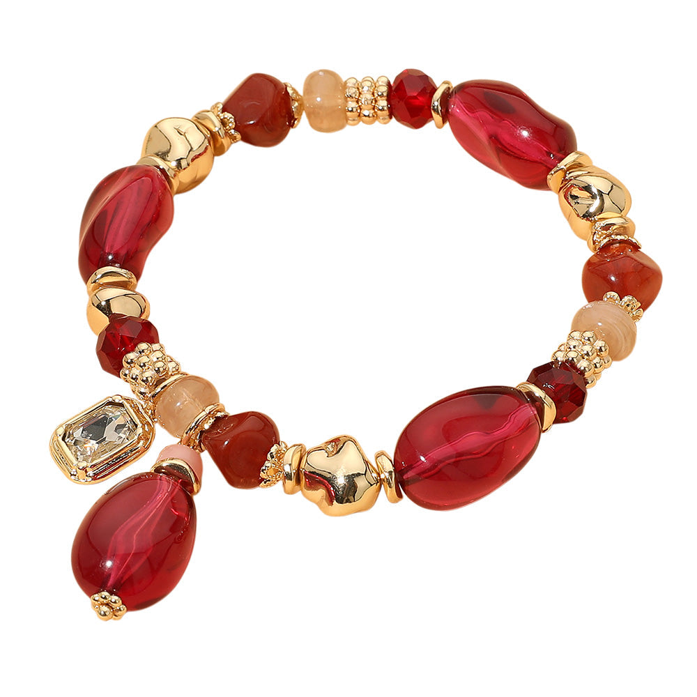 Faceted Stone Charm Beaded Stretch Bracelet