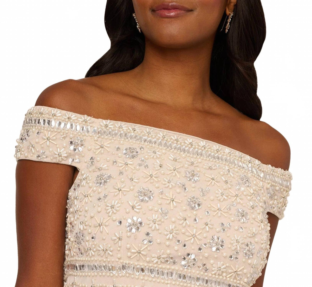 Long Formal Mesh Beaded Evening Dress In Ivory Nude