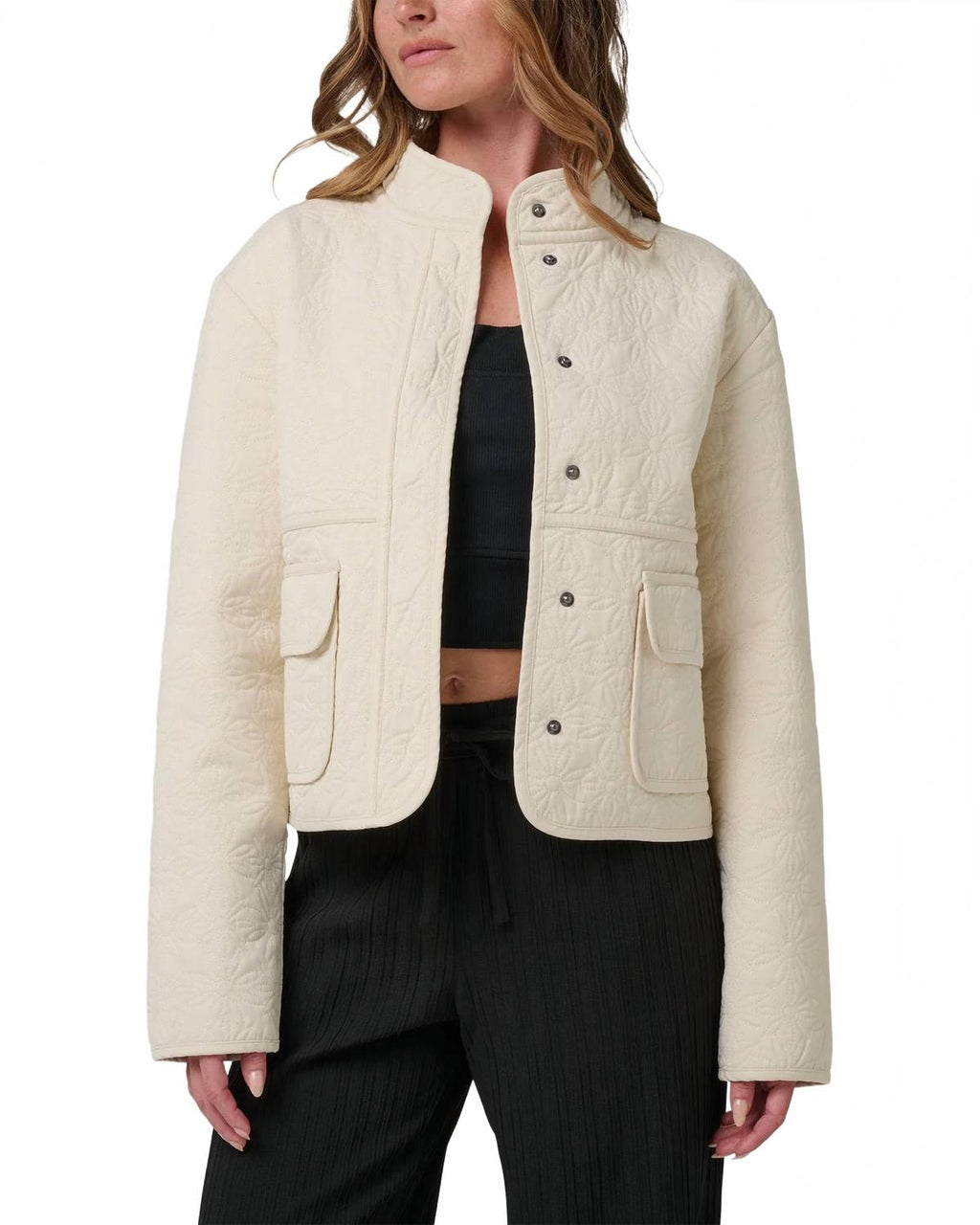 Hidden Snap Front Quilted Jacket In Seashell