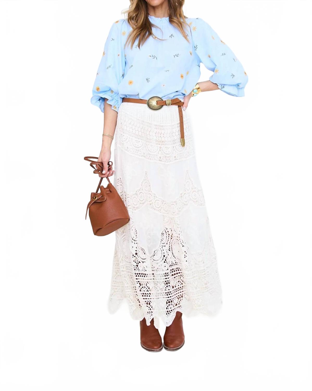 Scallop Hem Detail Embroidered Top In Blue
