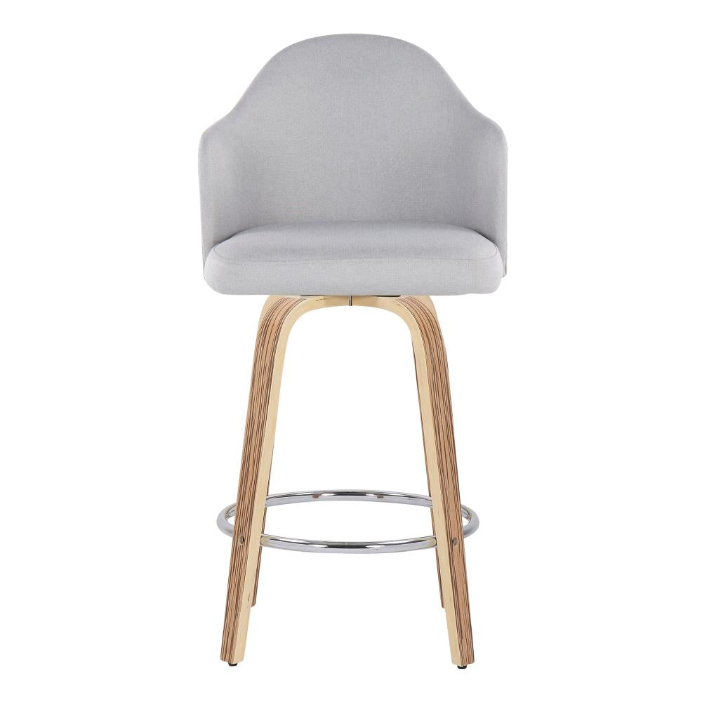 Set of 2 Upholstered Counter Chairs with Wooden Legs and Chrome Footrest Details