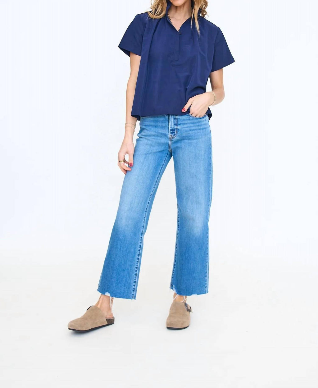 Stand Collar Short Sleeved Shirt In Navy