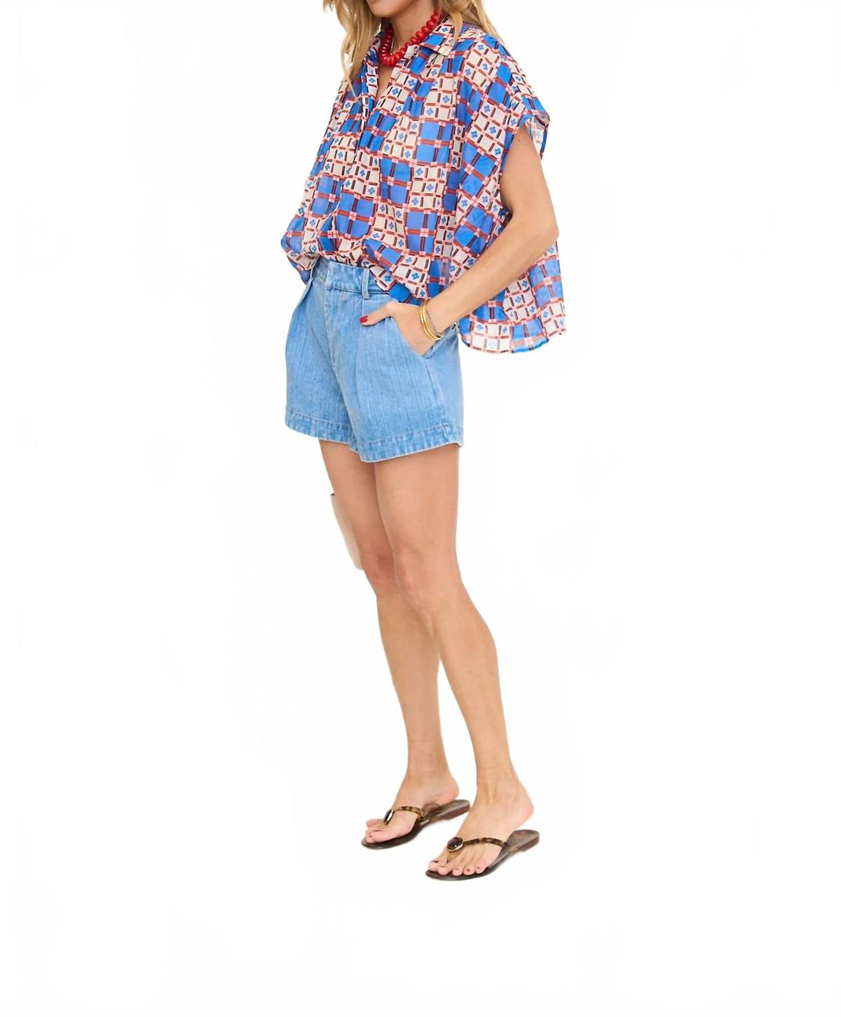 Pleated High Waist Denim Shorts In Blue