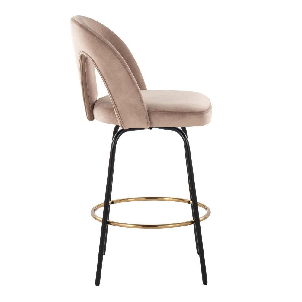 Fixed-Height Counter Stool with Swivel in Black Metal and Taupe Velvet with Round Gold Metal Footrest - Set of 2