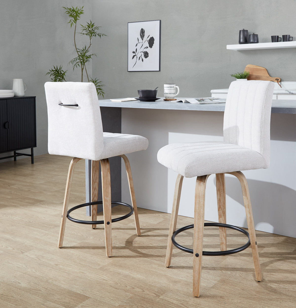 Pair of Cushioned Counter Stools with Round Footrests