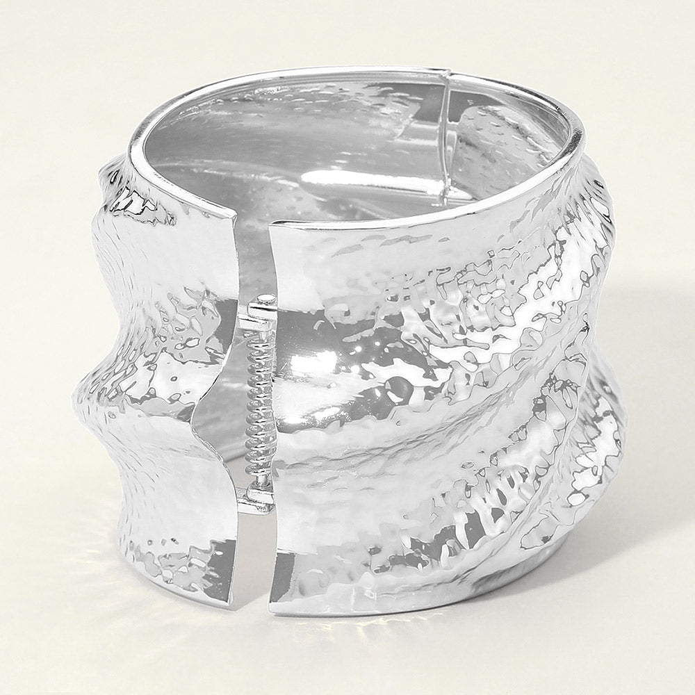 Wide Hammered Metal Abstract Hinged Bangle Bracelet