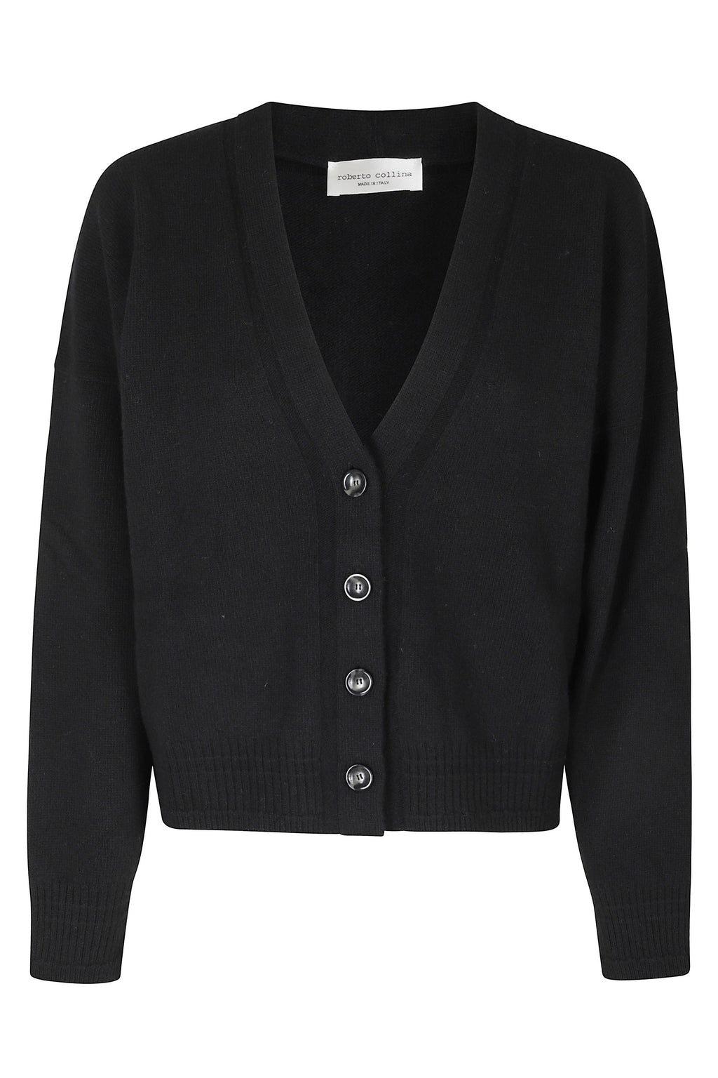 Black Cropped V-Neck Wool-Cashmere Cardigan