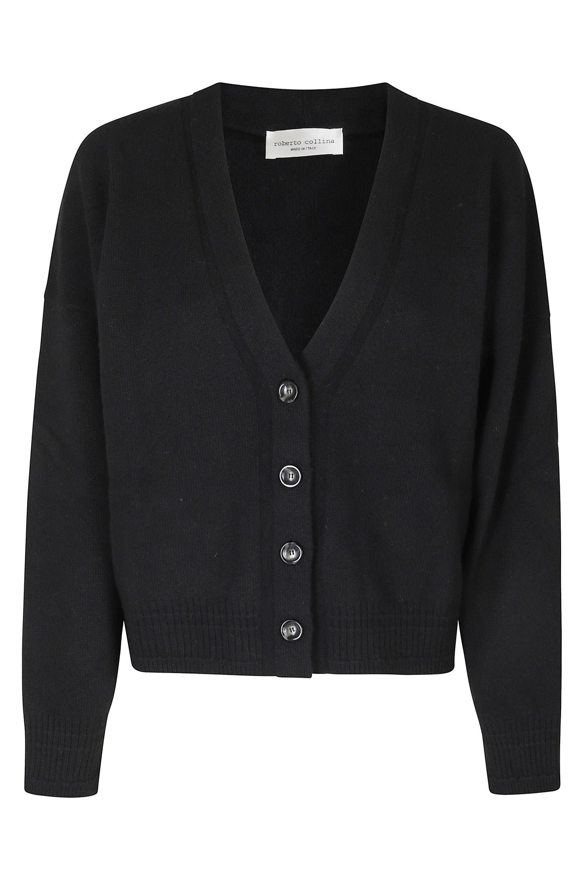 Black Cropped V-Neck Wool-Cashmere Cardigan