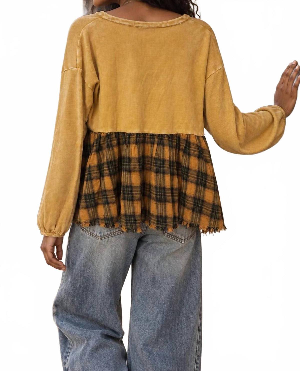 Waffle Knit Plaid Peplum Henley Tunic In Mustard