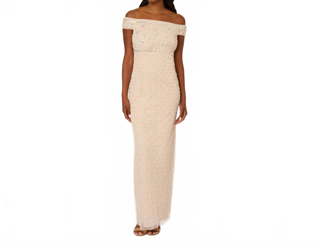 Long Formal Mesh Beaded Evening Dress In Ivory Nude