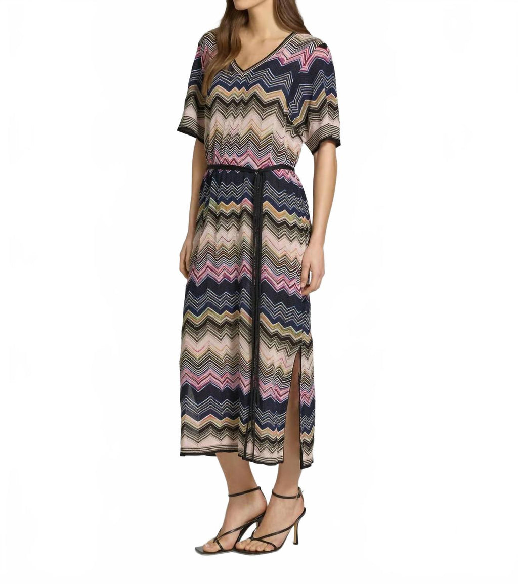 Knitted Zig Zag Print Midi Dress In Rose Blue