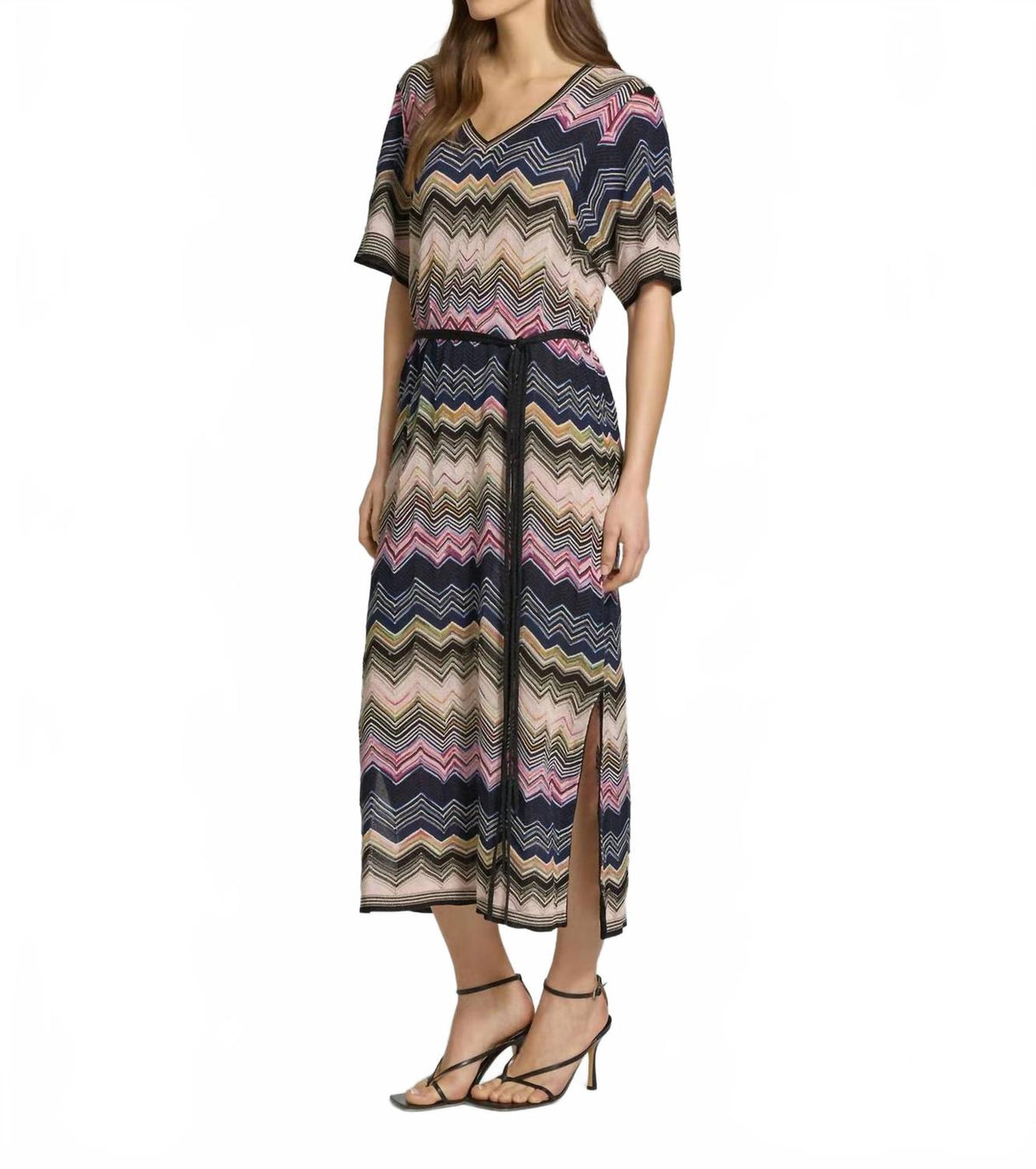 Knitted Zig Zag Print Midi Dress In Rose Blue