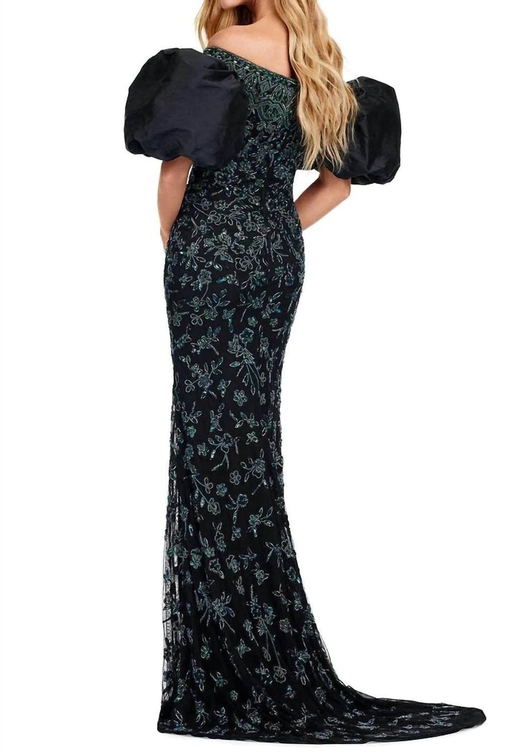Puff Sleeve Beaded Prom Dress In Nebula Green/black