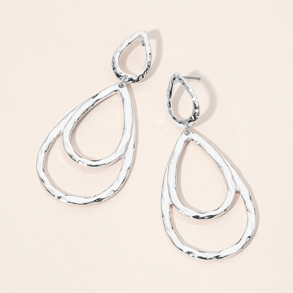 Hammered Metal Layerd Double Open Teardrop Earrings