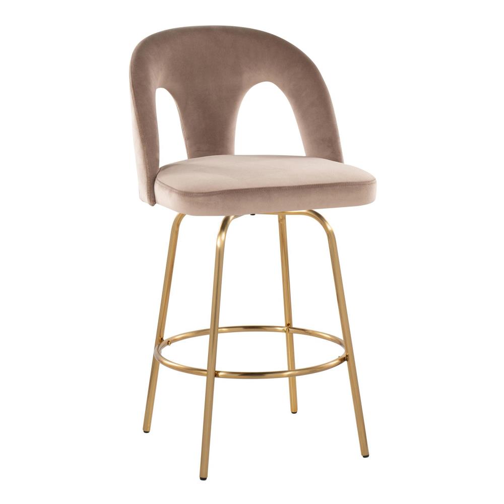 Set of 2 Contemporary Counter Stools with Velvet Upholstery and Circular Footrests