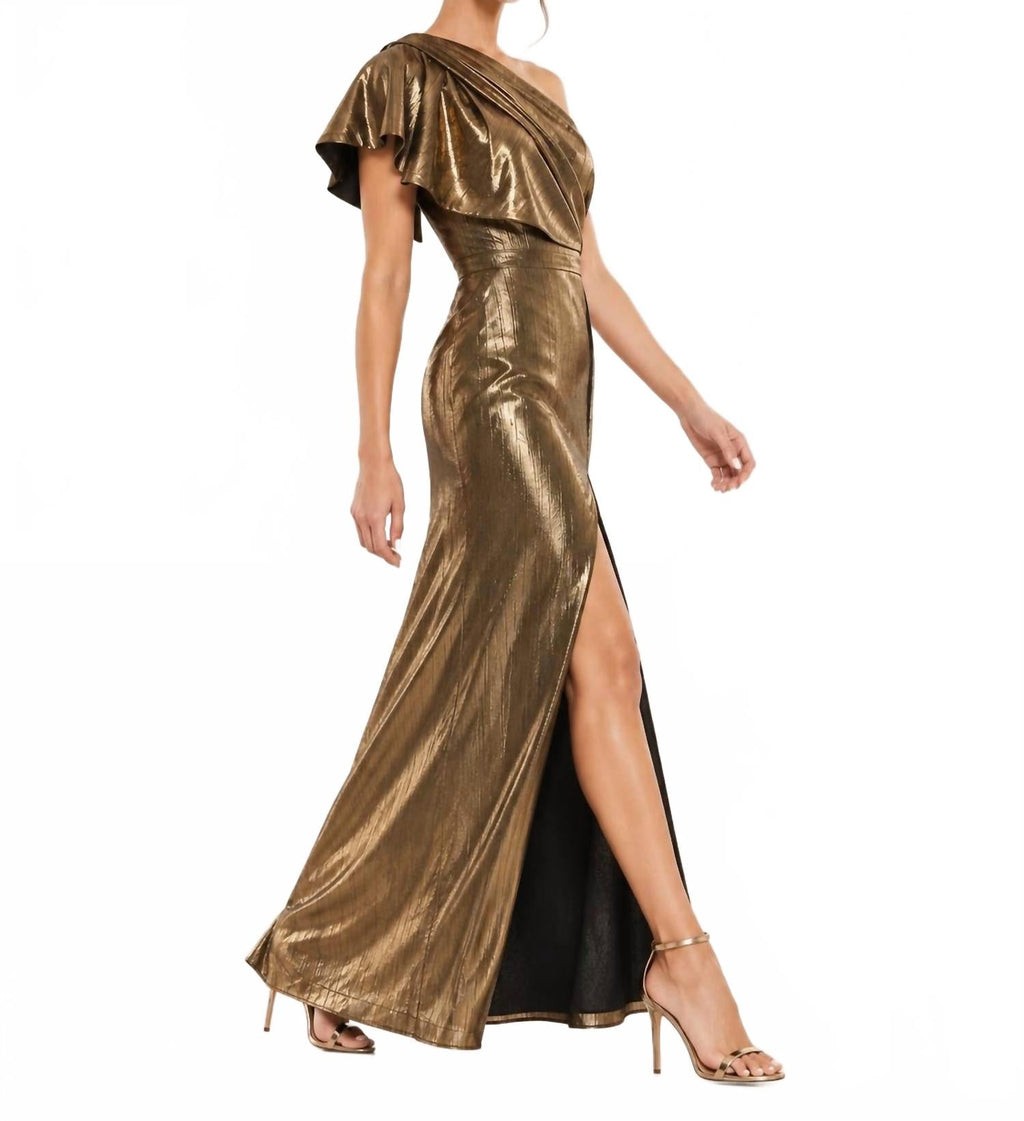 One Shoulder Shimmer Slit Gown In Copper